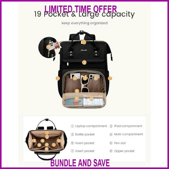 15.6 Inch Waterproof Laptop Backpack with Tumbler Holder, 19 Pockets main image 6